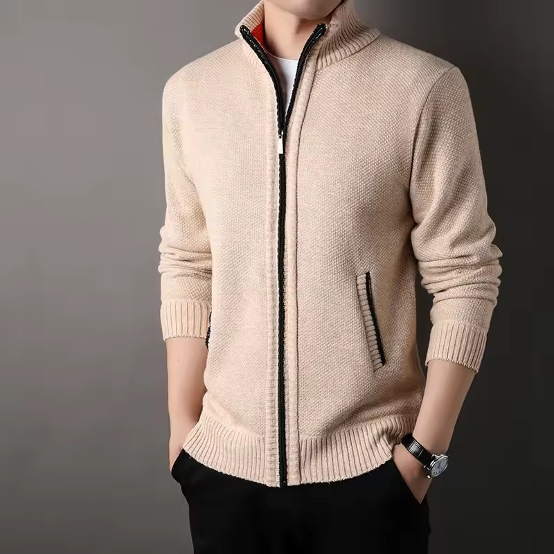 Men's Stand-up Collar Slim Solid Color Sweatercoat Jacket Knit Sweater