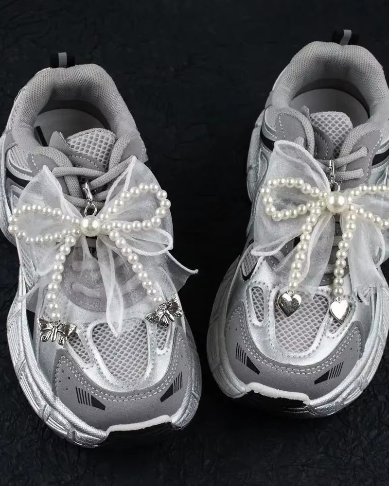 Metal Pendant Shoe Decorations Silk Ribbon Pearl Bow 1Pcs Shoe Laces Charm Accessories