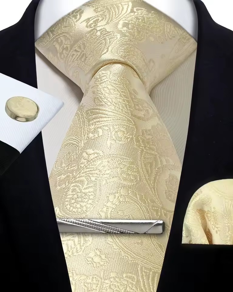 Silk Paisley Floral Necktie and Pocket Square Cufflinks Tie Clip Classic Formal Ties