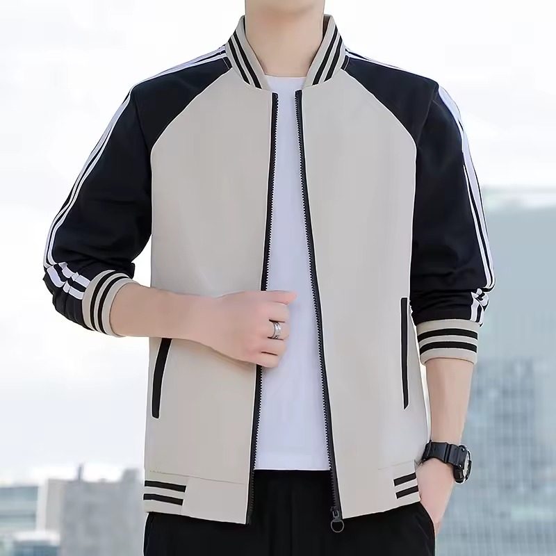 Casual Striped Draped Young Men Baseball Collar Two-bar Jacket